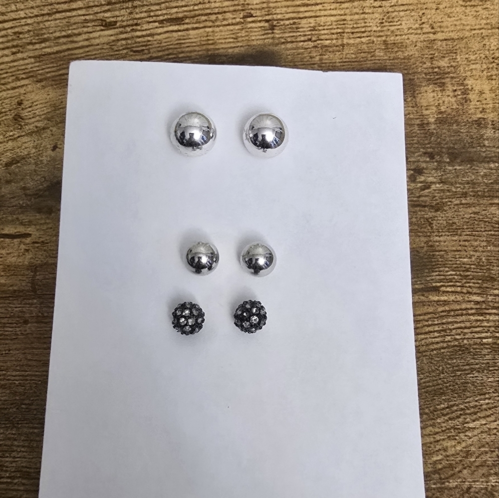 Silvertone and Black Stud ball Earring Set of 3 pairs